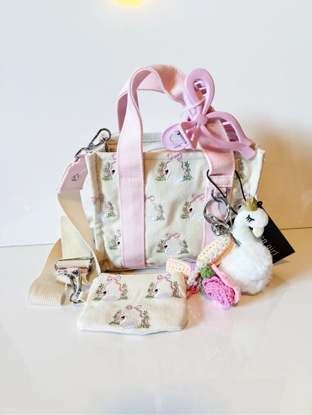Madden Girl Vital Swan Embroidered Crossbody Mini Tote with Charms & Pouch